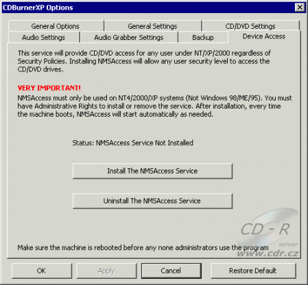 CDBurnerXP Pro 3 - preference NMSAccess