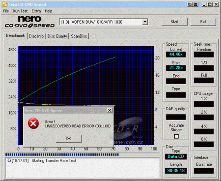 AOpen DUW1616/ARR - CDspeed čtení CD-R 99 min.