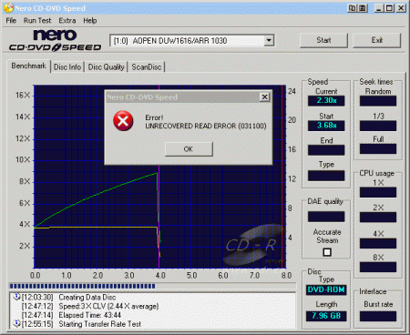 AOpen DUW1616/ARR - CDspeed čtení DVD+R DL RiData