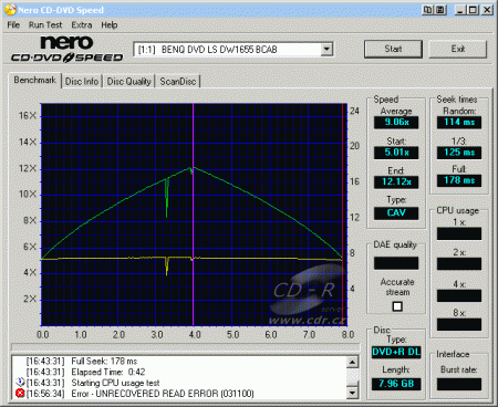 BenQ DW1655 - CDspeed čtení DVD+R DL data