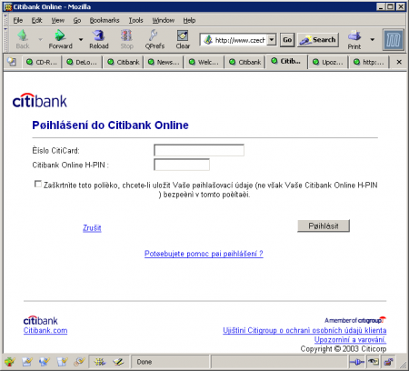 Falešná Citibank stránka