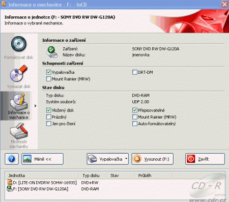 Sony DW-G120A - InCD DVD-RAM info po naformátování
