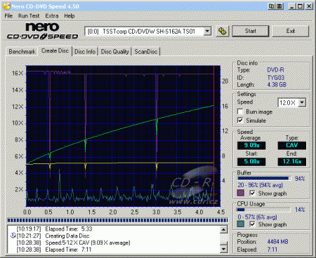 Samsung SH-S162A - CDspeed zápis DVD-R 16×@12× simulace