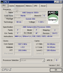 CPU-Z - informace o procesoru Sempron 3000+ pro socket AM2