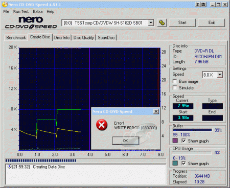 Samsung SH-S182D - CDspeed zápis DVD+R DL Ricoh 8× error