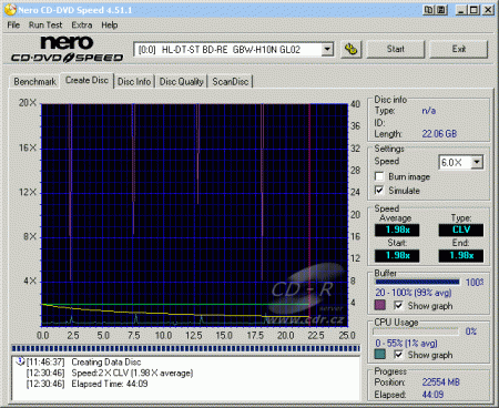 LG GBW-H10N - CDspeed zápis BD-RE - simulace