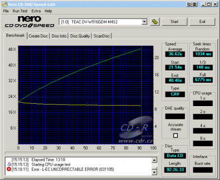 Teac DV-W516GDM - CDspeed čtení CD-R 99 min