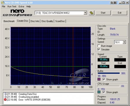 Teac DV-W516GDM - CDspeed overburn průběh