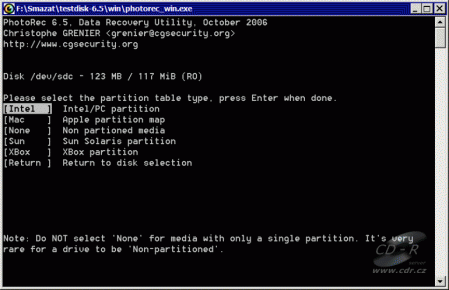 PhotoRec typ partition