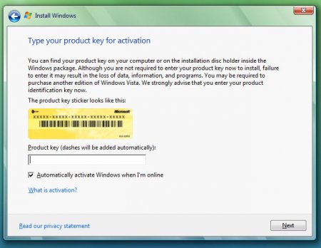 Instalace Windows Vista - pole pro zadání klíče
