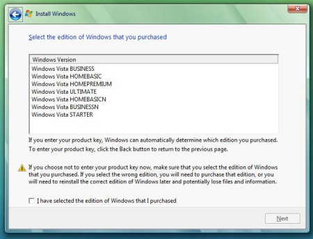 Instalace Windows Vista - výběr verze