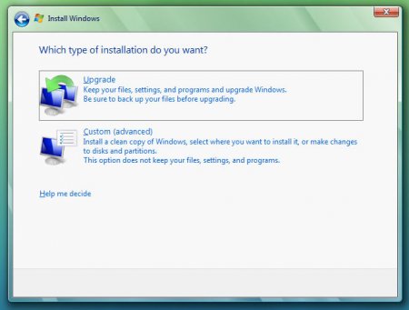 Instalace Windows Vista - volba typu instalace