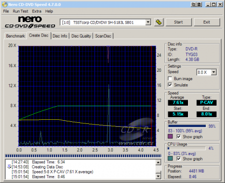 Samsung SH-S183L - CDspeed zápis DVD-R 16×@8× simulace