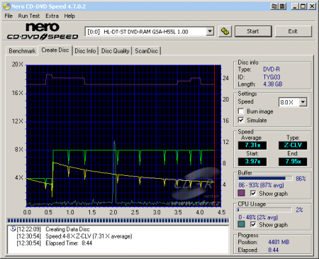 LG GSA H55L - CDspeed zápis DVD-R 16×@8× simulace