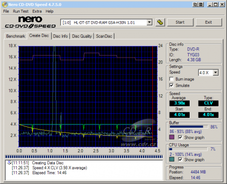 LG GSA-H30N - CDspeed zápis DVD-R 16×@4× simulace