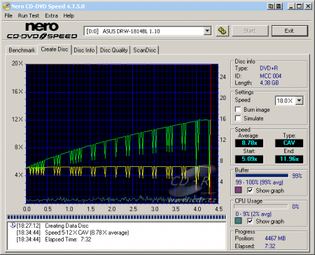 Asus DRW-1814BLT - CDspeed zápis DVD+R Verbatim 16×@12×