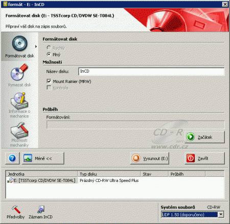 InCD - Formátování CD-RW 24× Mount Rainier