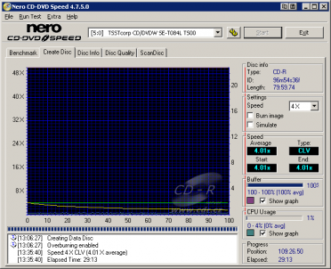 Zápis CD-R 99min overburning 4× až do konce