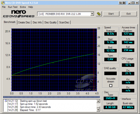 Pioneer DVR-212 - CDspeed čtení DVD+R