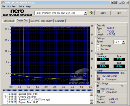 Pioneer DVR-212 - CDspeed zápis DVD-R 16×@4× simulace