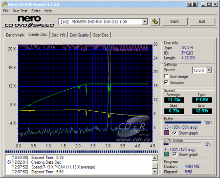 Pioneer DVR-212 - CDspeed zápis DVD-R 16×@12× simulace