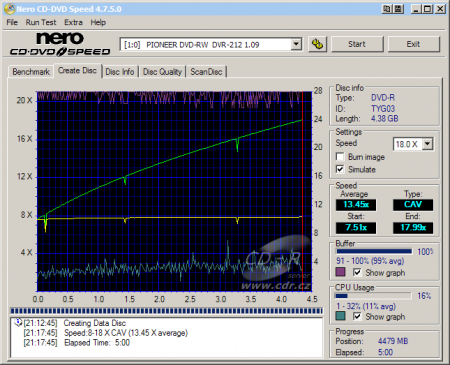 Pioneer DVR-212 - CDspeed zápis DVD-R 16×@18× simulace