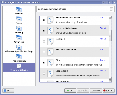 KWin, výběr efektů