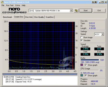 Optiarc BD-M100A - CDspeed zápis DVD-R 16×@4× simulace