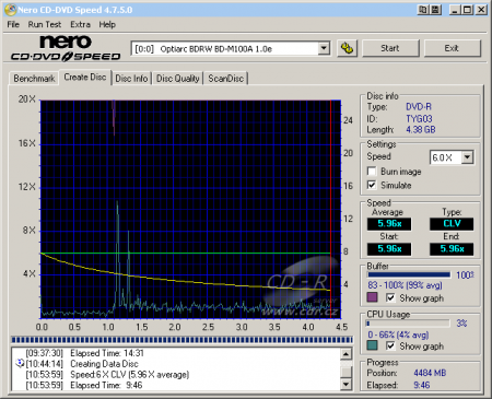 Optiarc BD-M100A - CDspeed zápis DVD-R 16×@6× simulace