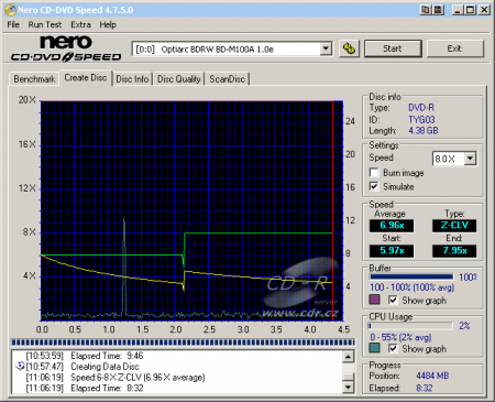 Optiarc BD-M100A - CDspeed zápis DVD-R 16×@8× simulace