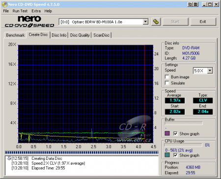 Optiarc BD-M100A - CDspeed zápis DVD-RAM 5× s verifikací