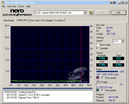 Optiarc BD-M100A - CDspeed zápis BD-RE DL s verifikací