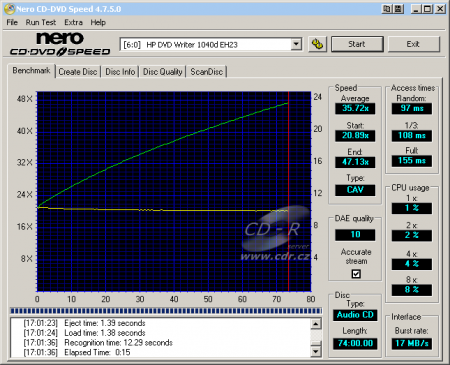 HP dvd-1040e - CDspeed čtení CD-DA
