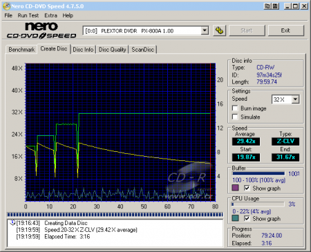 Plextor PX-800A - CDspeed zápis CD-RW