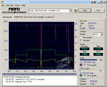 Plextor PX-800A - CDspeed zápis DVD-R DL 8× simulace