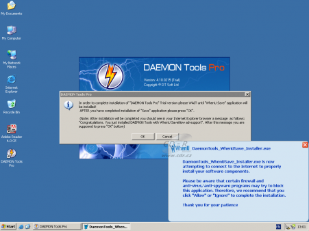Daemon Tools Pro - spojení adwaru WhenU Save na internet při ins