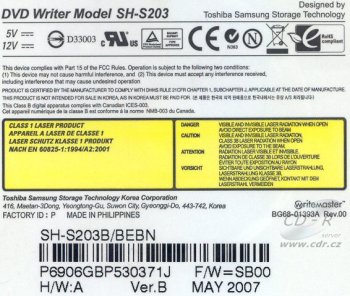 Samsung SH-S203B - výrobní štítek