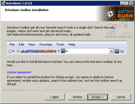 Astroburn instalátor - Toolbar