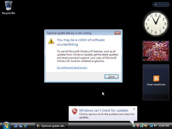 Windows Vista SP1 - informace o nepravosti systému při zapnutém 