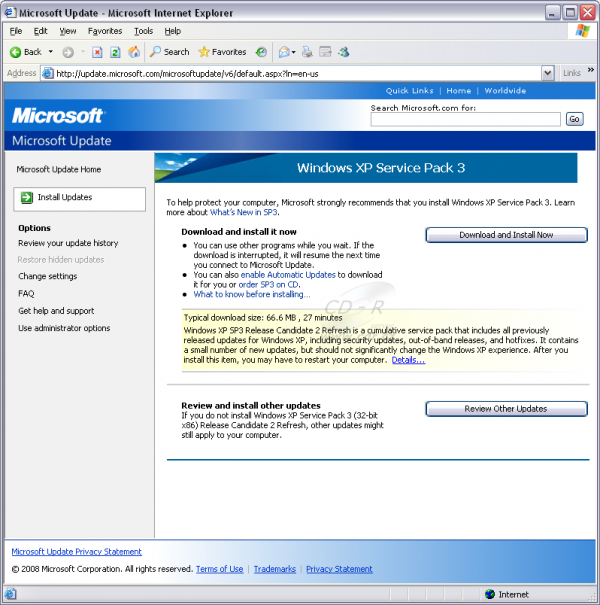 Windows XP SP3 RC2 Refresh na webu Microsoft Update
