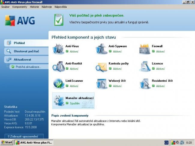 AVG 8.0 - přehled komponent a stav