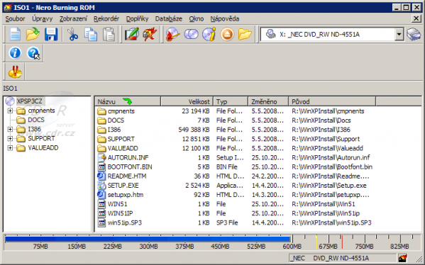 Nero - Burning ROM - soubory instalační sady Windows XP SP3
