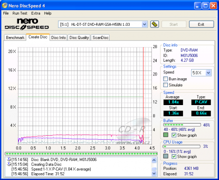 LG GSA-H58N - CDspeed zápis DVD-RAM 5× s verifikací