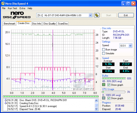 LG GSA-H58N - CDspeed zápis DVD+R DL 8×