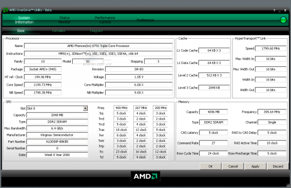 AMD OverDrive 2.1.1 Beta s tříjádrovým procesorem Phenom X3 8750