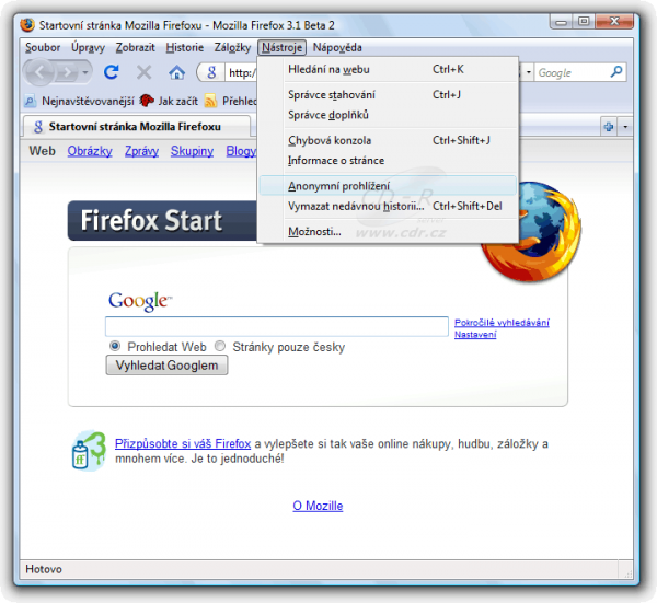 Firefox 3.1 Beta 2 - spuštění anonymního prohlížení