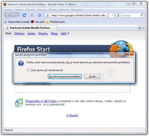 Firefox 3.1 Beta 2 - anonymní prohlížení - uložení stavu