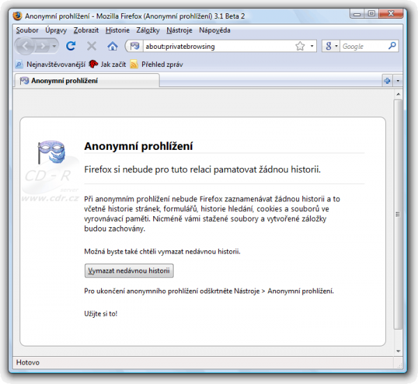 Firefox 3.1 Beta 2 - anonymní prohlížení - informace