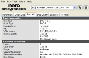 Pioneer DVR-216 - media info DVD-R DL Taiyo Yuden 8×