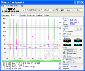 Pioneer DVR-216 - CDspeed zápis DVD-R DL 8×@10× simulace